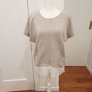 One Grey Day Beige Short Sleeve Knit Top with Lace Hem Size M